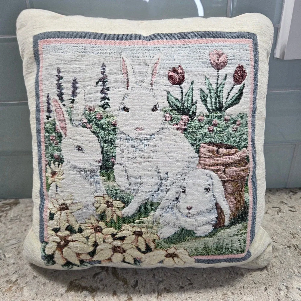 Vintage Woven Tapestry Bunny Rabbit Garden Throw Pillow Easter Cottagecore Decor